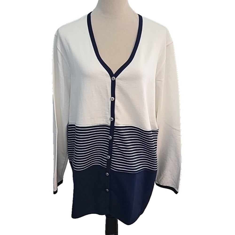 Silver Wear Womens S Button Cardigan Sweater White Navy Stripe Nautical USA Ivy